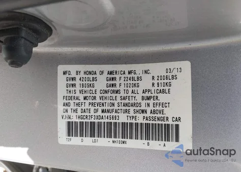 2013 Honda Accord Lx from USA, damaged, VIN 1HGCR2F3XDA145693